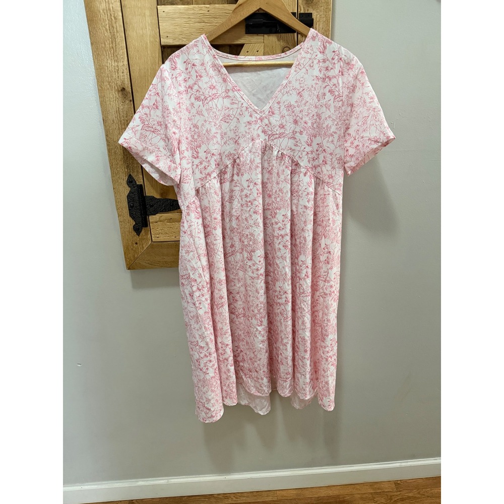 SHEIN Pink Floral Toile Babydoll Dress Womens XL V-Neck Short Sleeve